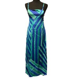 Dorothy Perkins Blue Green Satin Stripe Tie Back Maxi Slip Dress Size 6